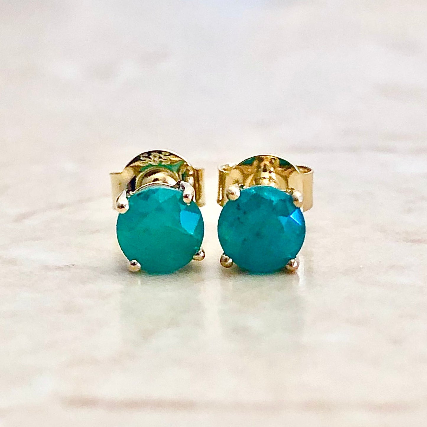 14 Karat Yellow Gold May Birthstone Natural Round Emerald Stud Earrings - WeilJewelry