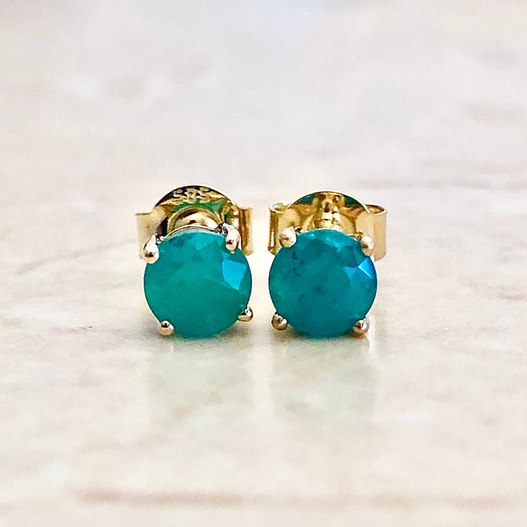 14 Karat Yellow Gold May Birthstone Natural Round Emerald Stud Earrings - WeilJewelry