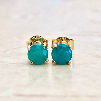 14 Karat Yellow Gold May Birthstone Natural Round Emerald Stud Earrings - WeilJewelry