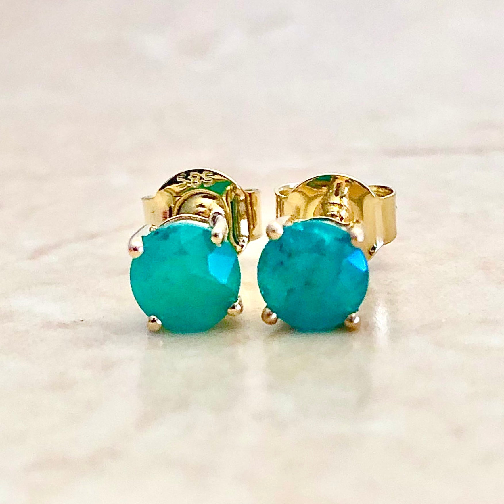 14 Karat Yellow Gold May Birthstone Natural Round Emerald Stud Earrings - WeilJewelry