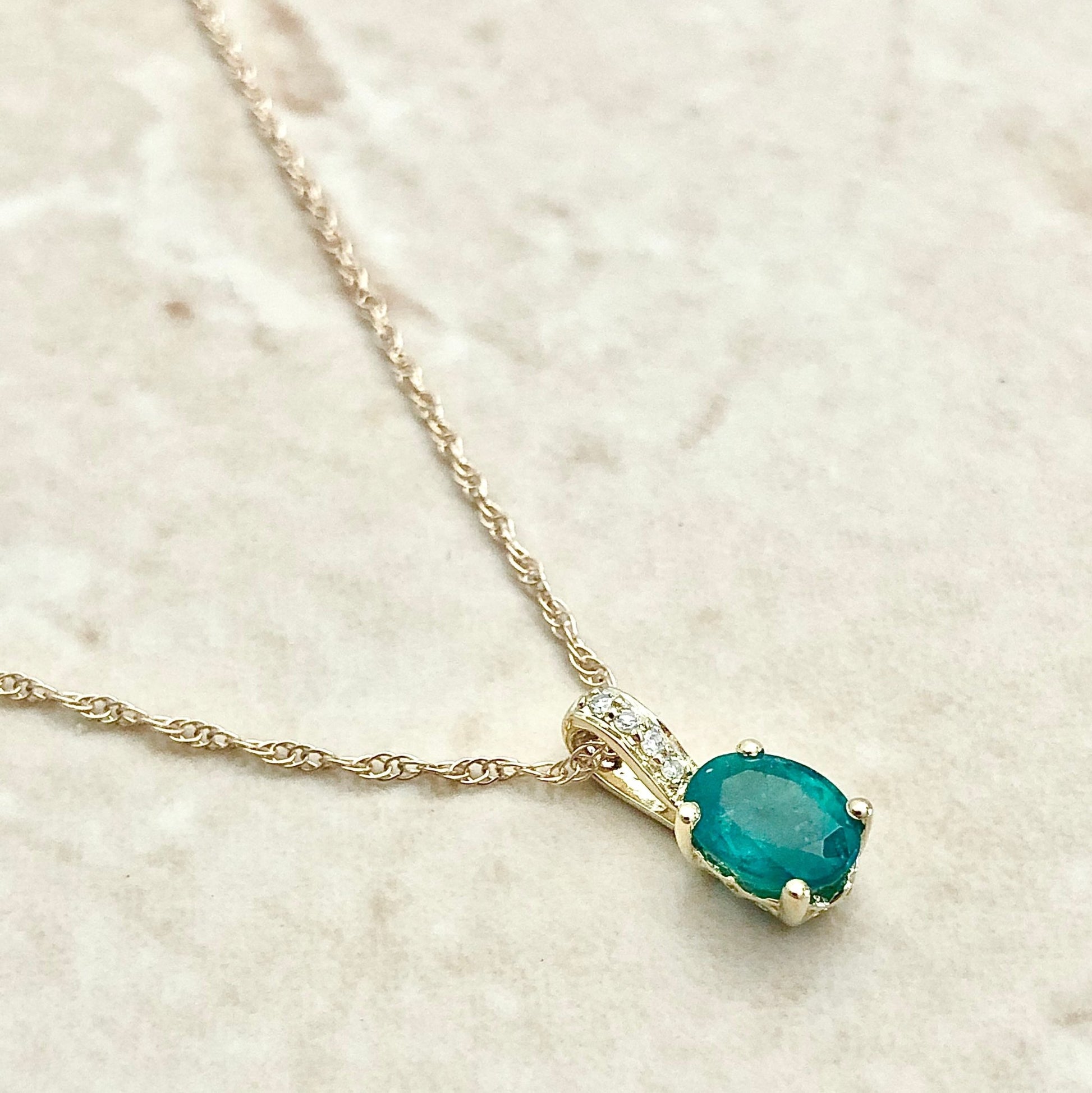 14 Karat Yellow Gold May Birthstone Oval Emerald & Diamond Pendant Necklace - WeilJewelry