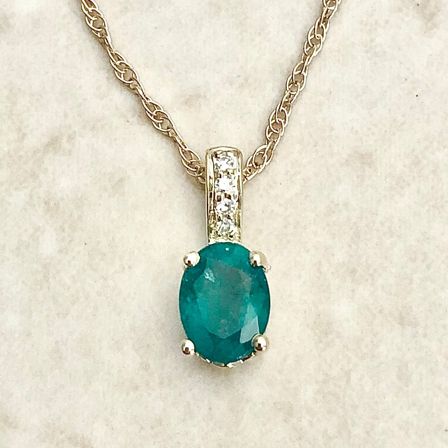 14 Karat Yellow Gold May Birthstone Oval Emerald & Diamond Pendant Necklace - WeilJewelry