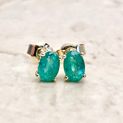 14 Karat Yellow Gold May Birthstone Oval Emerald Stud Earrings - WeilJewelry