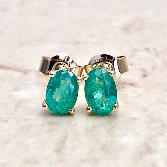 14 Karat Yellow Gold May Birthstone Oval Emerald Stud Earrings - WeilJewelry