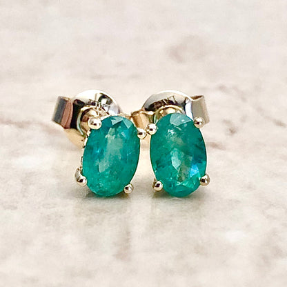 14 Karat Yellow Gold May Birthstone Oval Emerald Stud Earrings - WeilJewelry