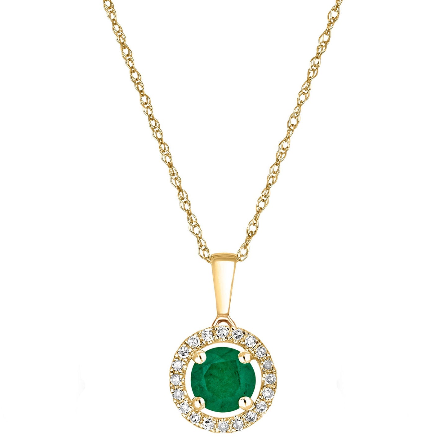 14 Karat Yellow Gold May Birthstone Round Emerald & Diamond Halo Pendant Necklace - WeilJewelry