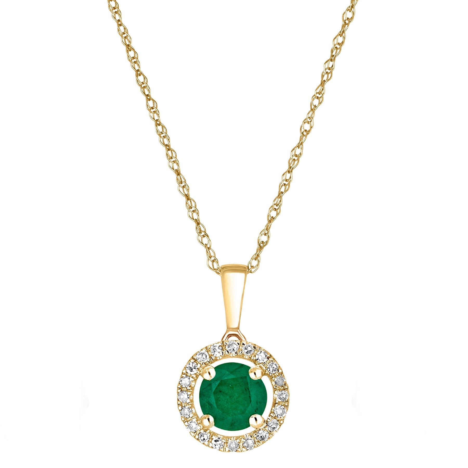 14 Karat Yellow Gold May Birthstone Round Emerald & Diamond Halo Pendant Necklace - WeilJewelry