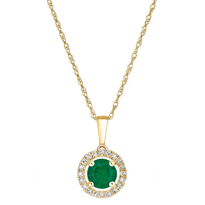 14 Karat Yellow Gold May Birthstone Round Emerald & Diamond Halo Pendant Necklace - WeilJewelry