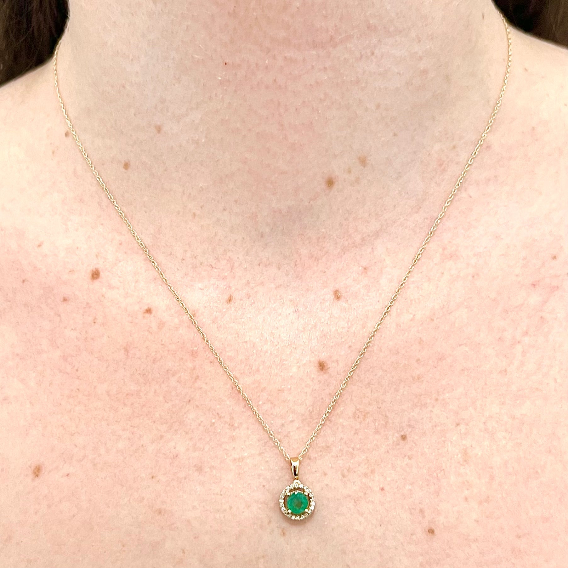 14 Karat Yellow Gold May Birthstone Round Emerald & Diamond Halo Pendant Necklace - WeilJewelry
