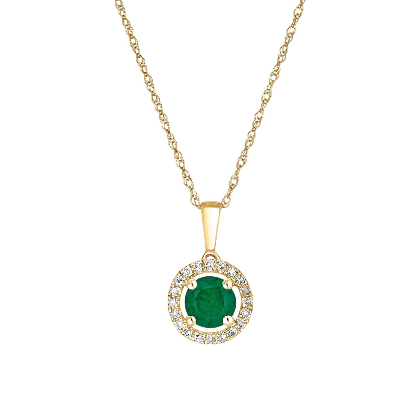 14 Karat Yellow Gold May Birthstone Round Emerald & Diamond Halo Pendant Necklace - WeilJewelry