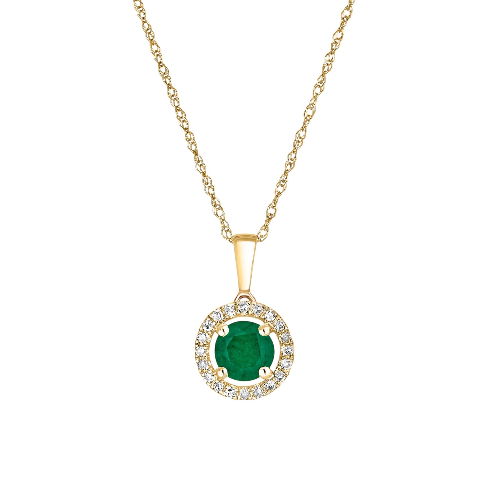 14 Karat Yellow Gold May Birthstone Round Emerald & Diamond Halo Pendant Necklace - WeilJewelry