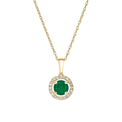 14 Karat Yellow Gold May Birthstone Round Emerald & Diamond Halo Pendant Necklace - WeilJewelry