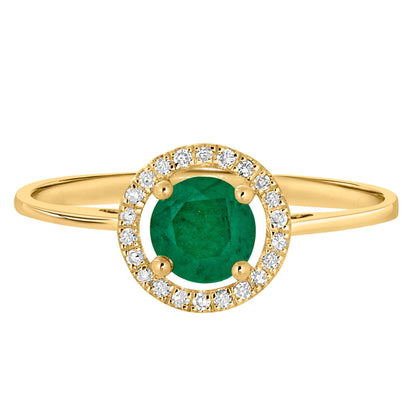 14 Karat Yellow Gold May Birthstone Round Emerald & Diamond Halo Ring - WeilJewelry