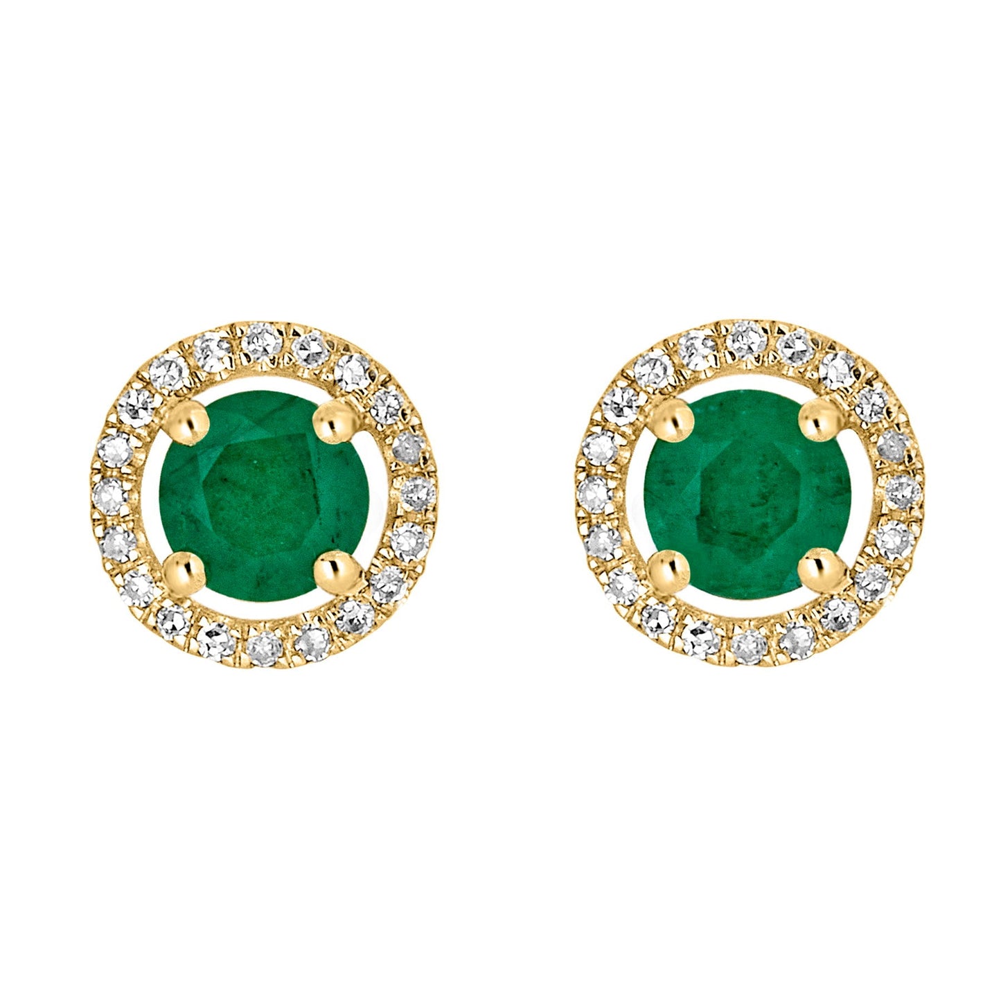 14 Karat Yellow Gold May Birthstone Round Emerald & Diamond Halo Stud Earrings - WeilJewelry