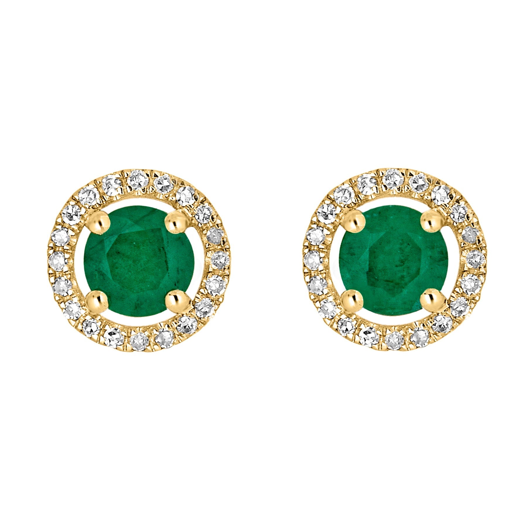 14 Karat Yellow Gold May Birthstone Round Emerald & Diamond Halo Stud Earrings - WeilJewelry