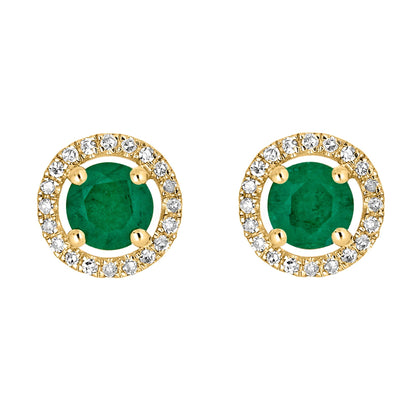 14 Karat Yellow Gold May Birthstone Round Emerald & Diamond Halo Stud Earrings - WeilJewelry