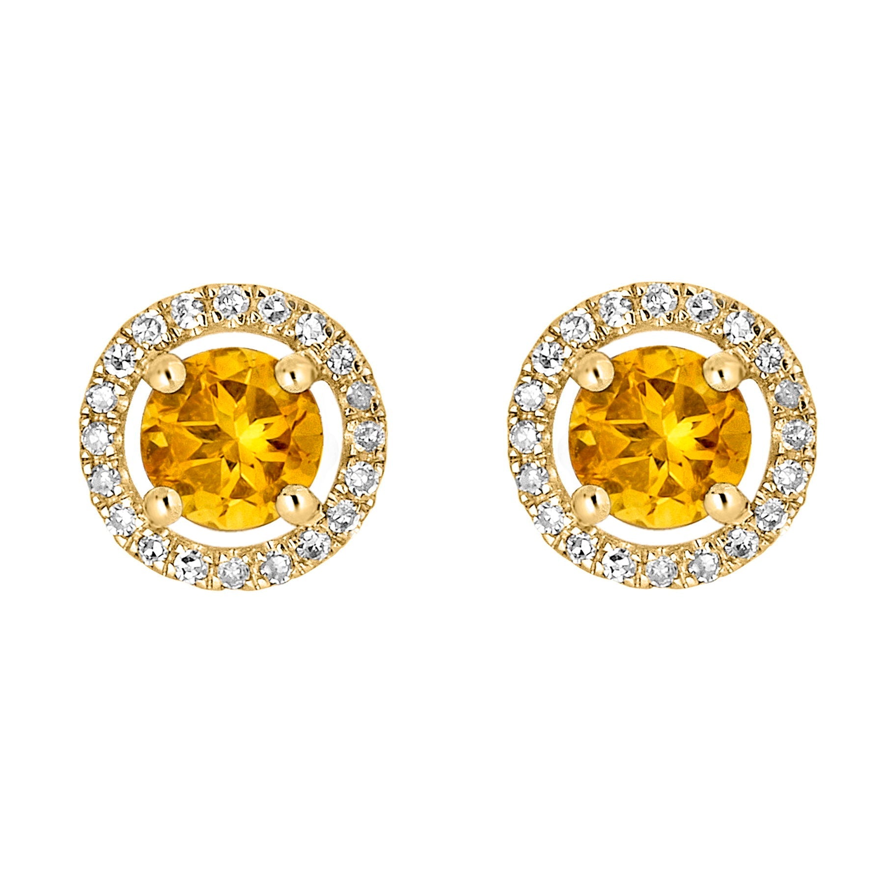 14 Karat Yellow Gold November Birthstone Round Citrine & Diamond Halo Stud Earrings - WeilJewelry