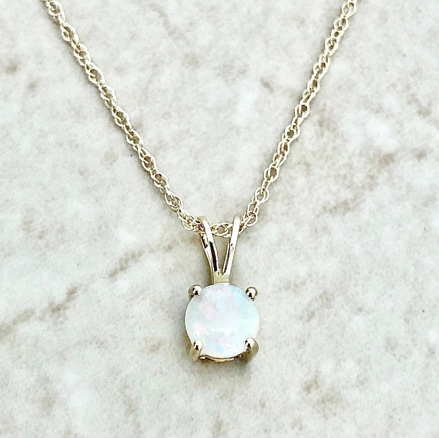 14 Karat Yellow Gold October Birthstone Natural Round Opal Solitaire Pendant Necklace - WeilJewelry