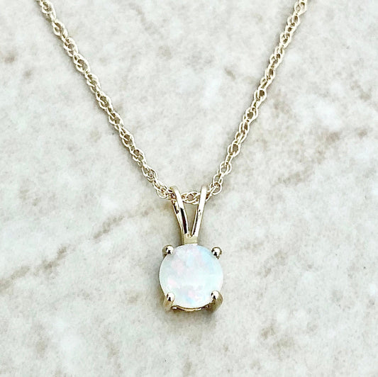 14 Karat Yellow Gold October Birthstone Natural Round Opal Solitaire Pendant Necklace - WeilJewelry