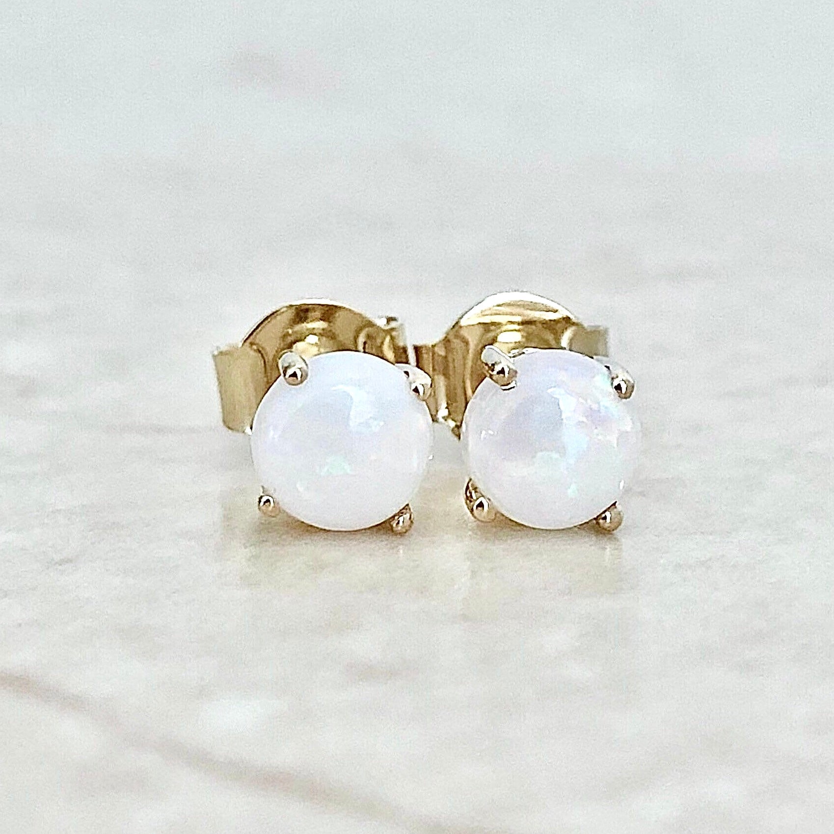 14 Karat Yellow Gold October Birthstone Natural Round Opal Stud Earrings - WeilJewelry