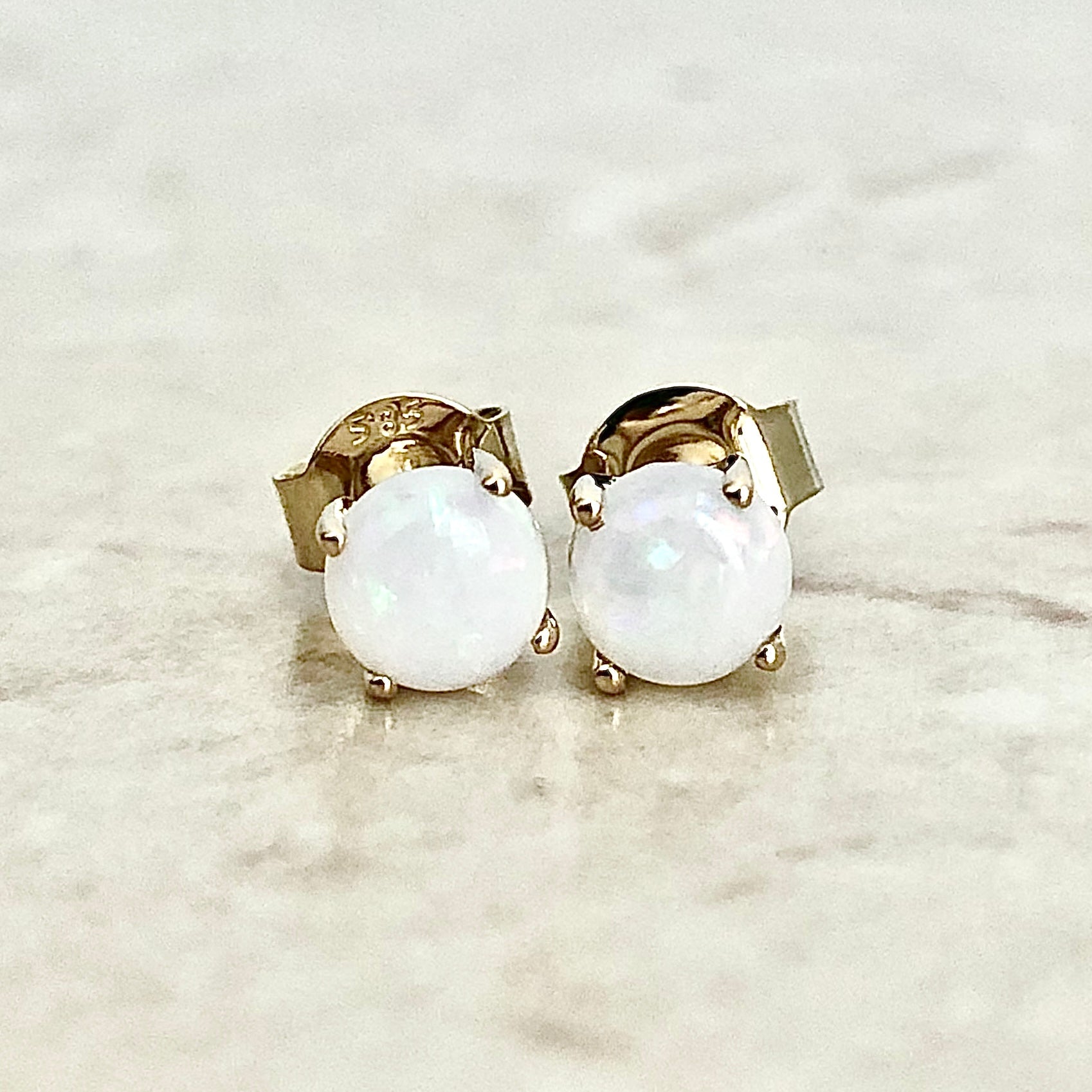 14 Karat Yellow Gold October Birthstone Natural Round Opal Stud Earrings - WeilJewelry