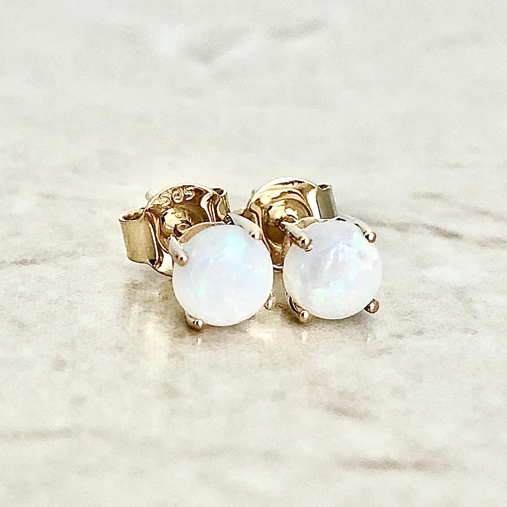 14 Karat Yellow Gold October Birthstone Natural Round Opal Stud Earrings - WeilJewelry