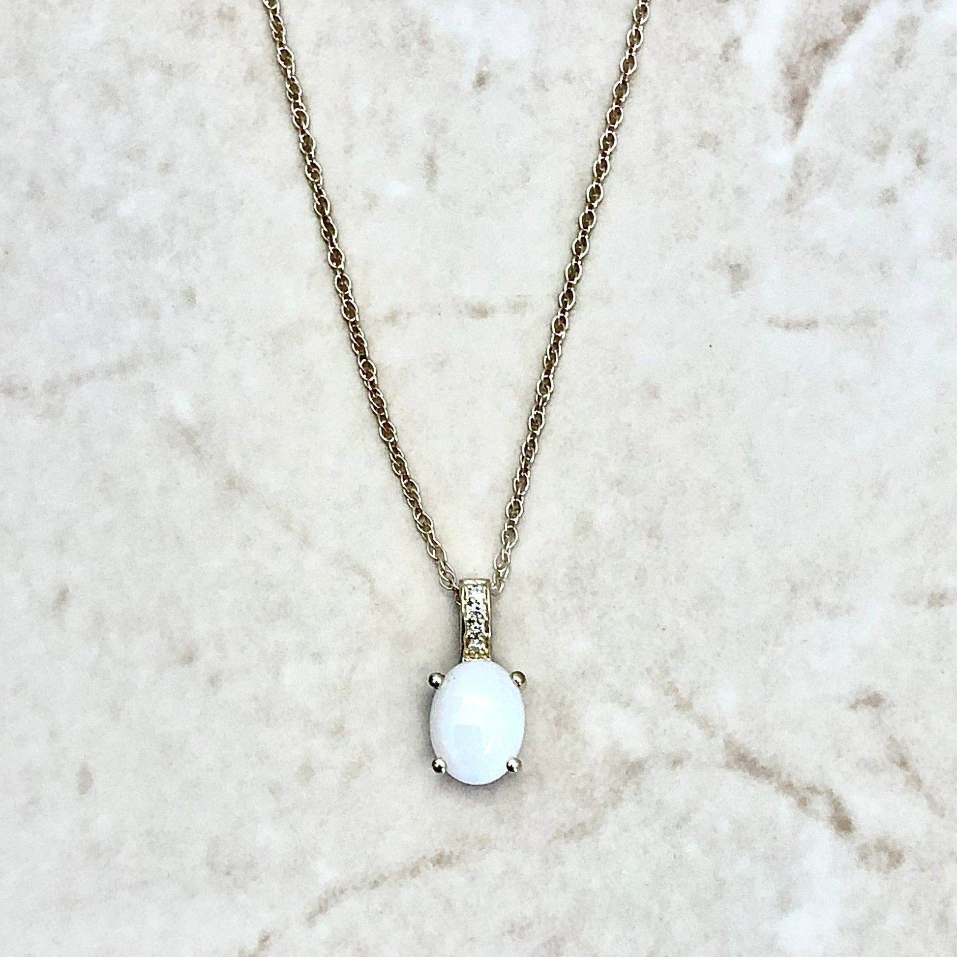 14 Karat Yellow Gold October Birthstone Oval Opal & Diamond Pendant Necklace - WeilJewelry