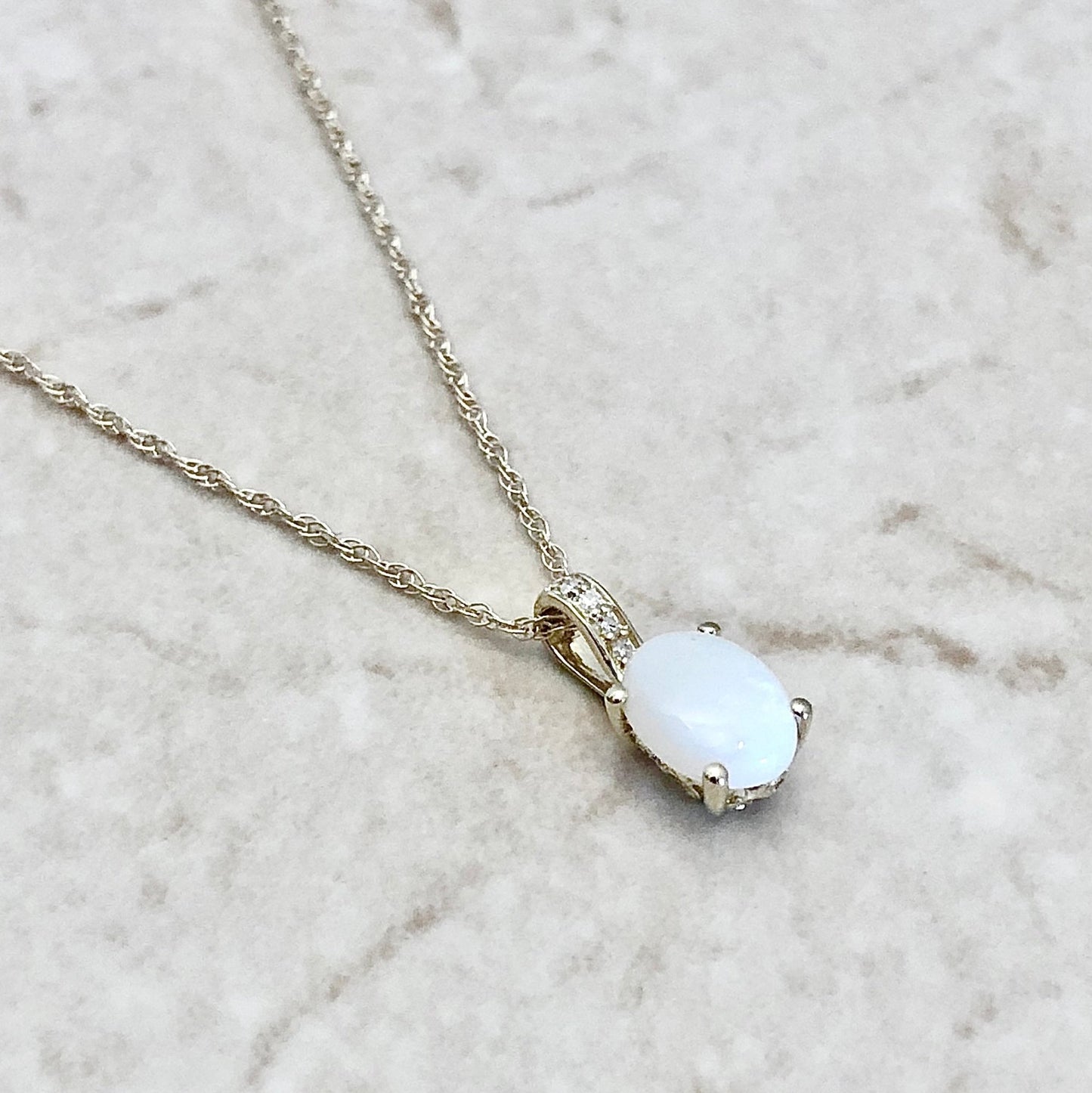 14 Karat Yellow Gold October Birthstone Oval Opal & Diamond Pendant Necklace - WeilJewelry