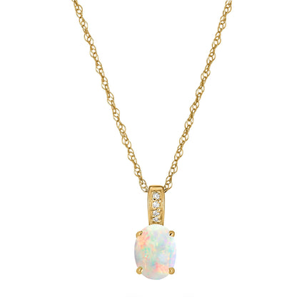 14 Karat Yellow Gold October Birthstone Oval Opal & Diamond Pendant Necklace - WeilJewelry