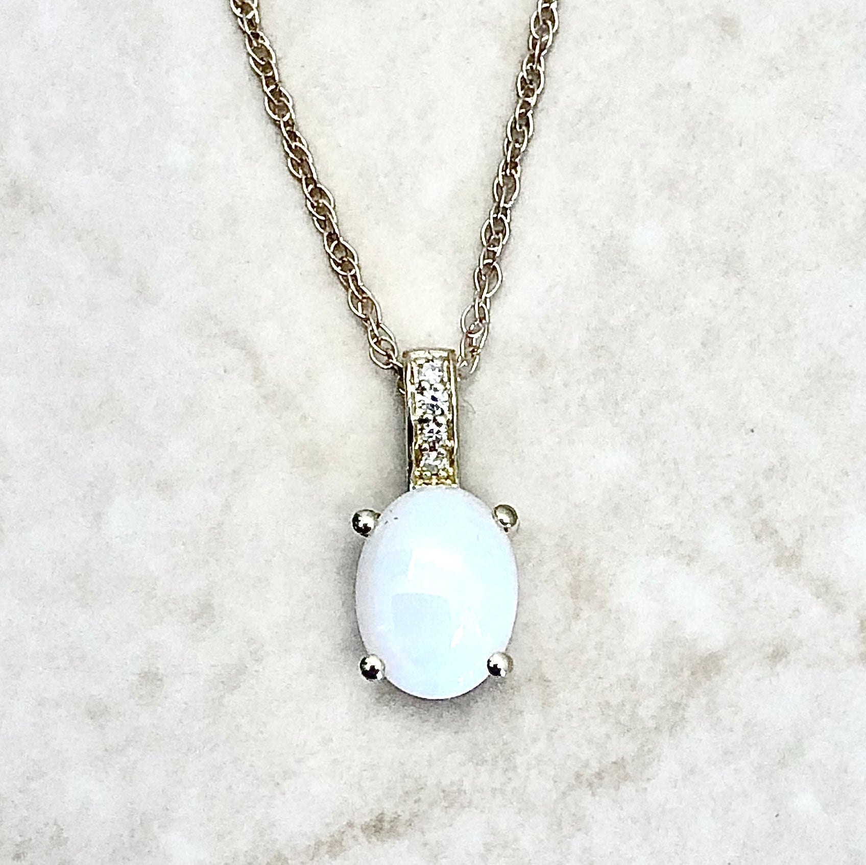 14 Karat Yellow Gold October Birthstone Oval Opal & Diamond Pendant Necklace - WeilJewelry