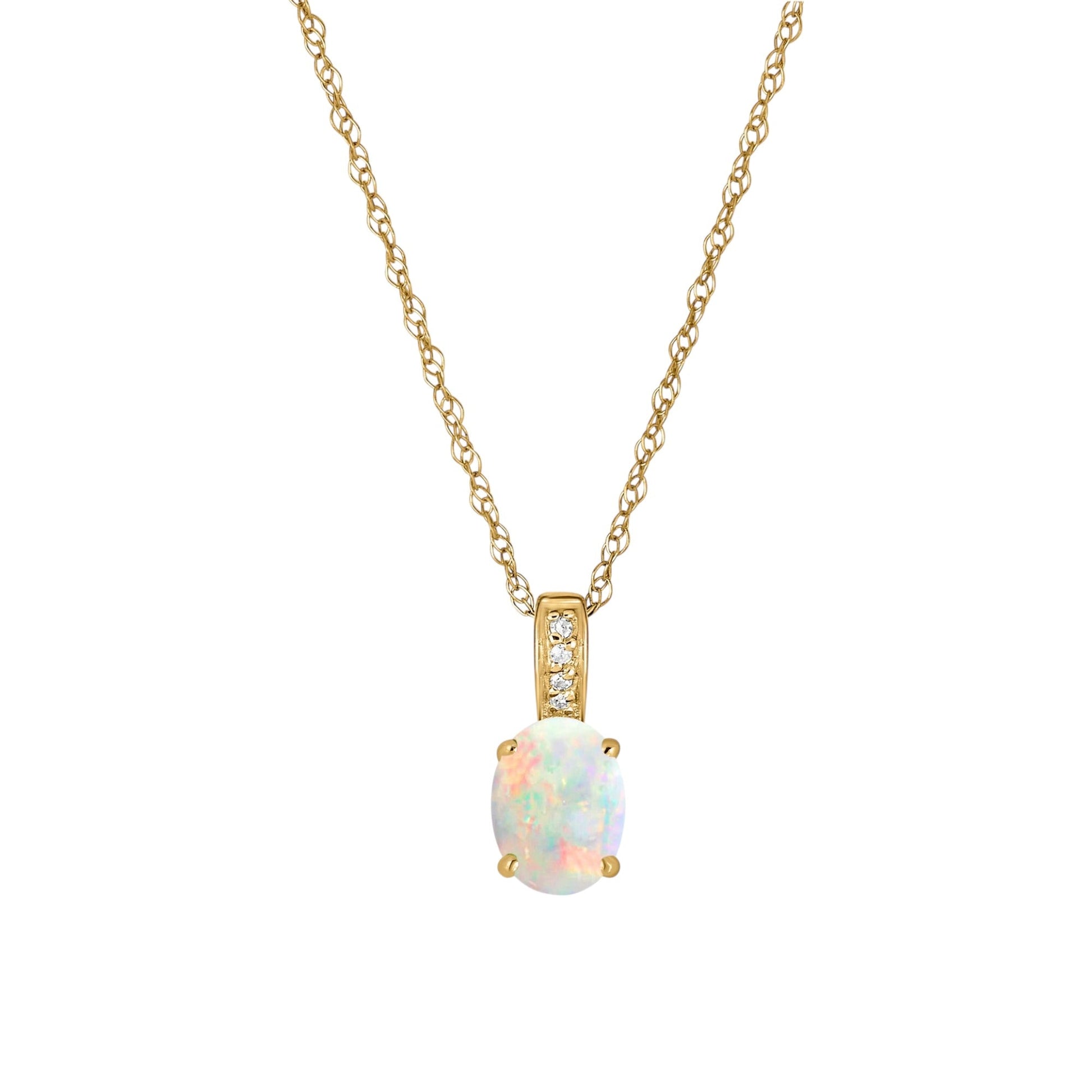 14 Karat Yellow Gold October Birthstone Oval Opal & Diamond Pendant Necklace - WeilJewelry