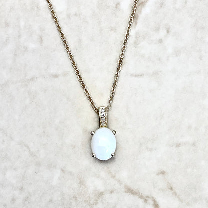 14 Karat Yellow Gold October Birthstone Oval Opal & Diamond Pendant Necklace - WeilJewelry