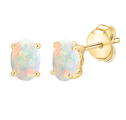 14 Karat Yellow Gold October Birthstone Oval Opal Stud Earrings - WeilJewelry