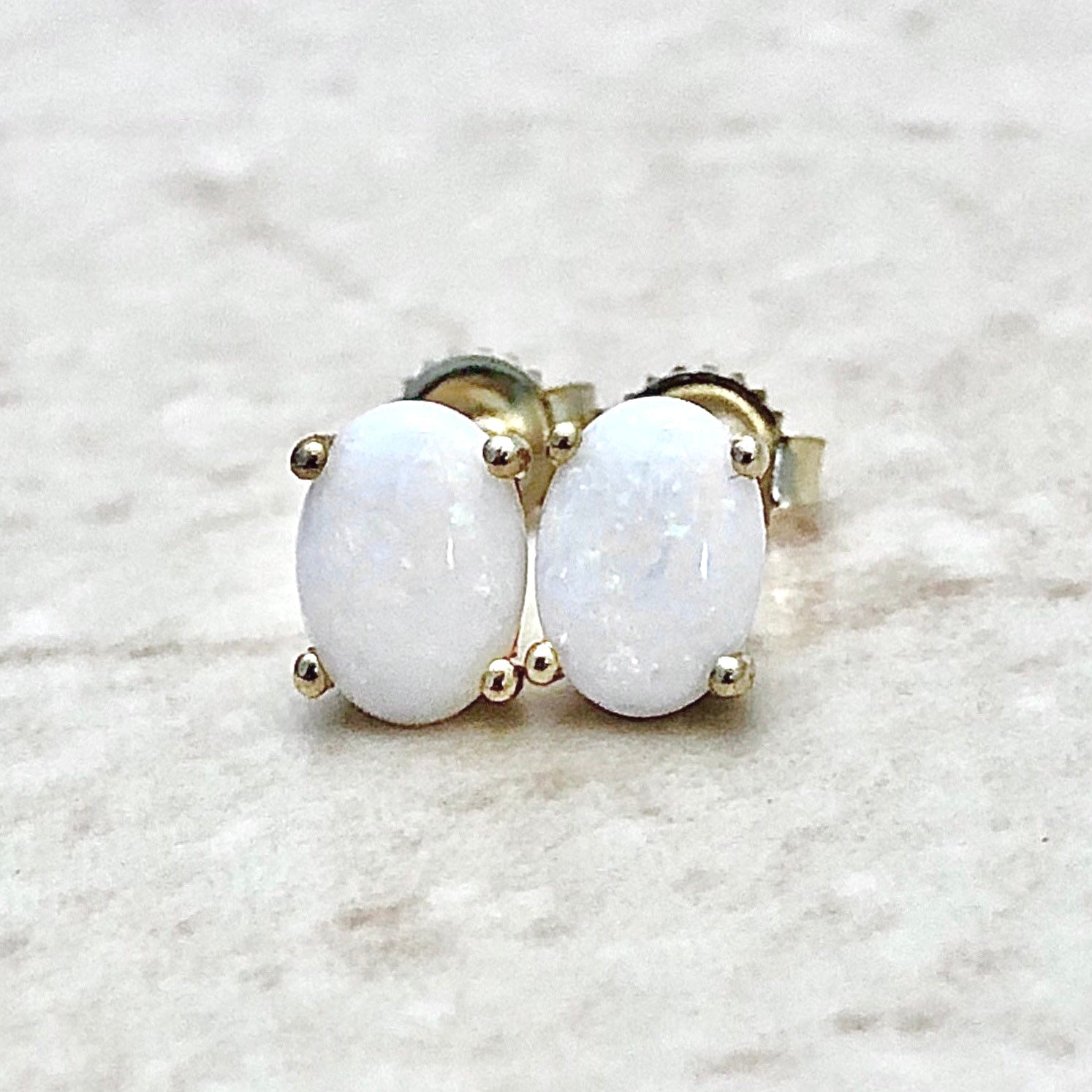 14 Karat Yellow Gold October Birthstone Oval Opal Stud Earrings - WeilJewelry