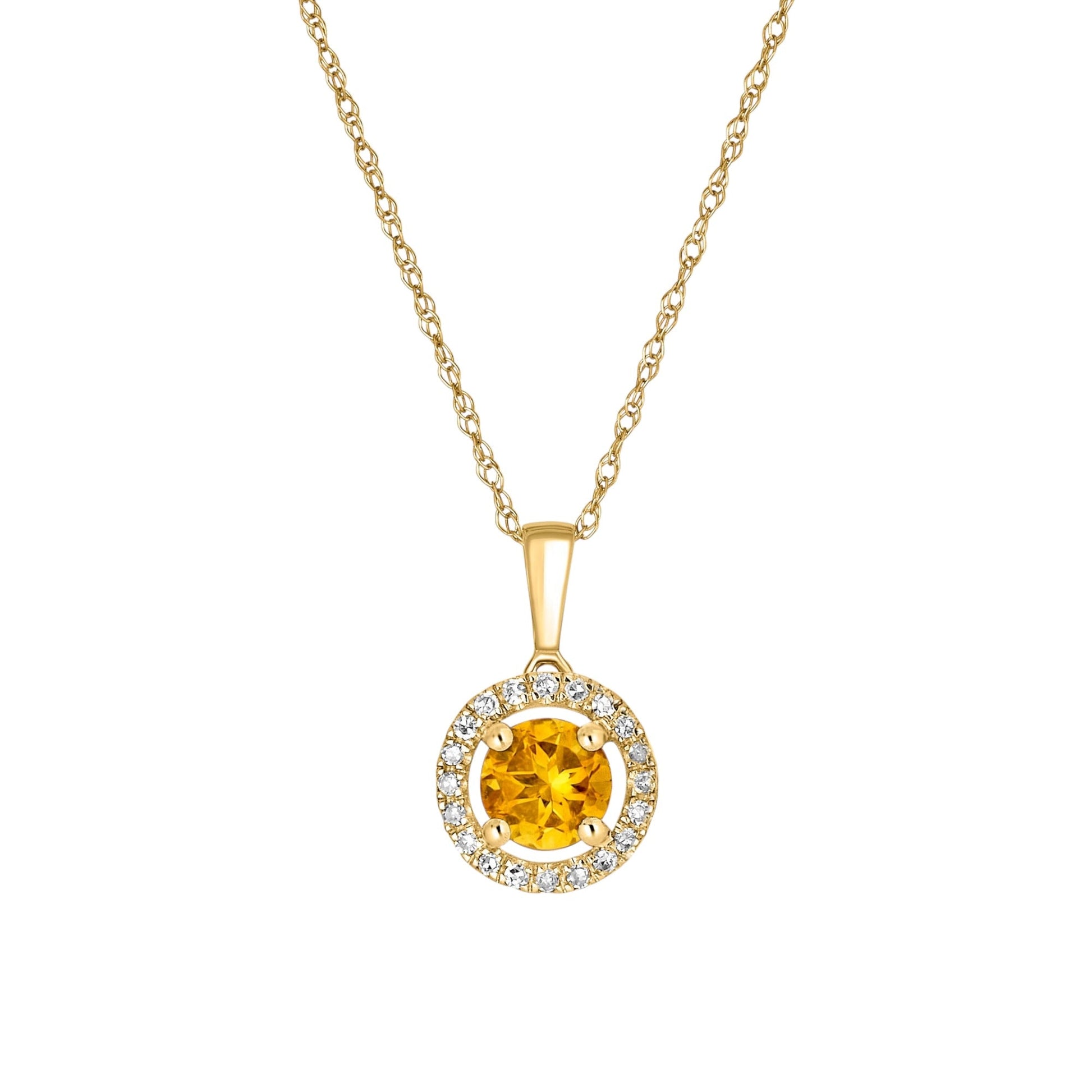 14 Karat Yellow Gold October Birthstone Round Citrine & Diamond Halo Pendant Necklace - WeilJewelry
