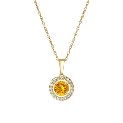 14 Karat Yellow Gold October Birthstone Round Citrine & Diamond Halo Pendant Necklace - WeilJewelry