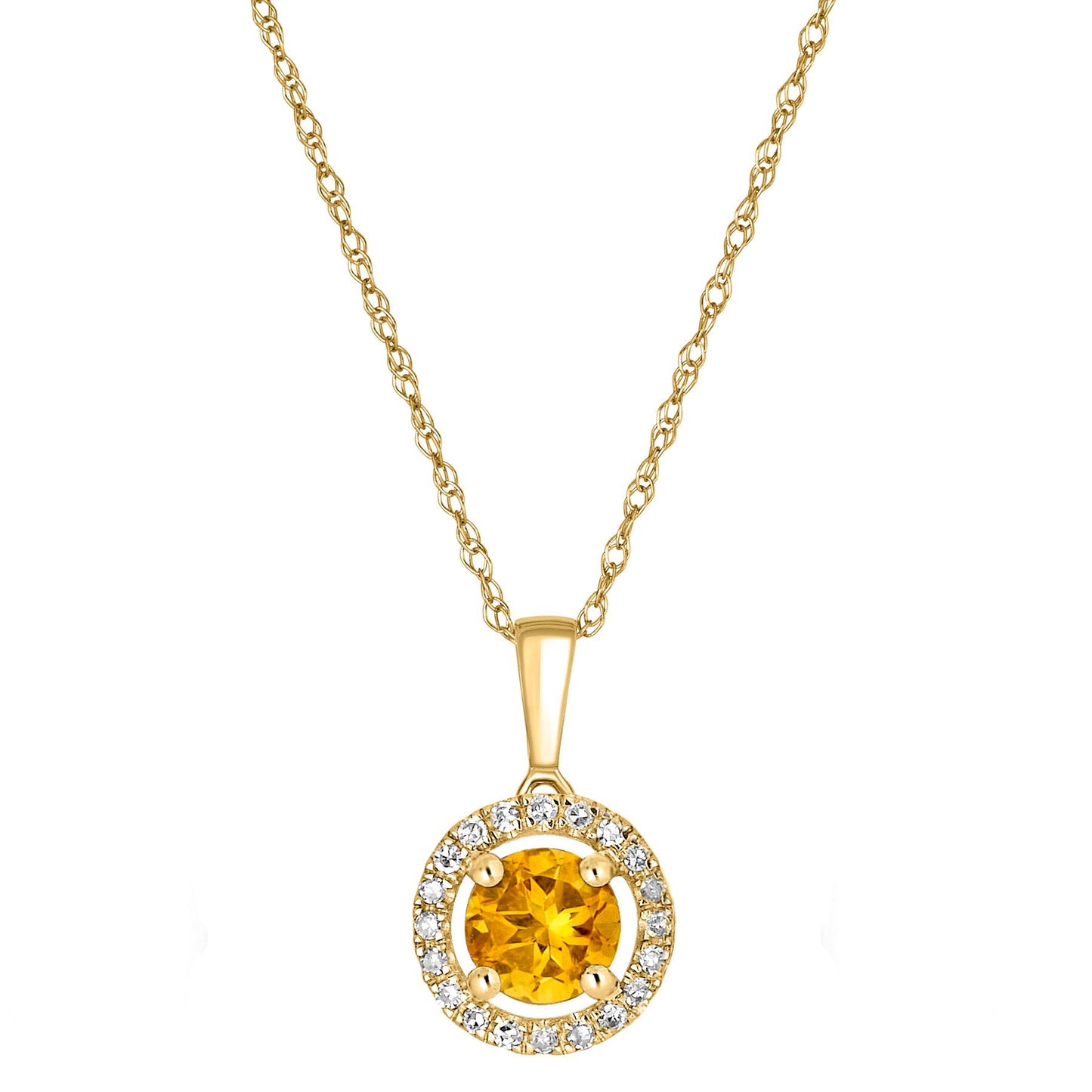 14 Karat Yellow Gold October Birthstone Round Citrine & Diamond Halo Pendant Necklace - WeilJewelry