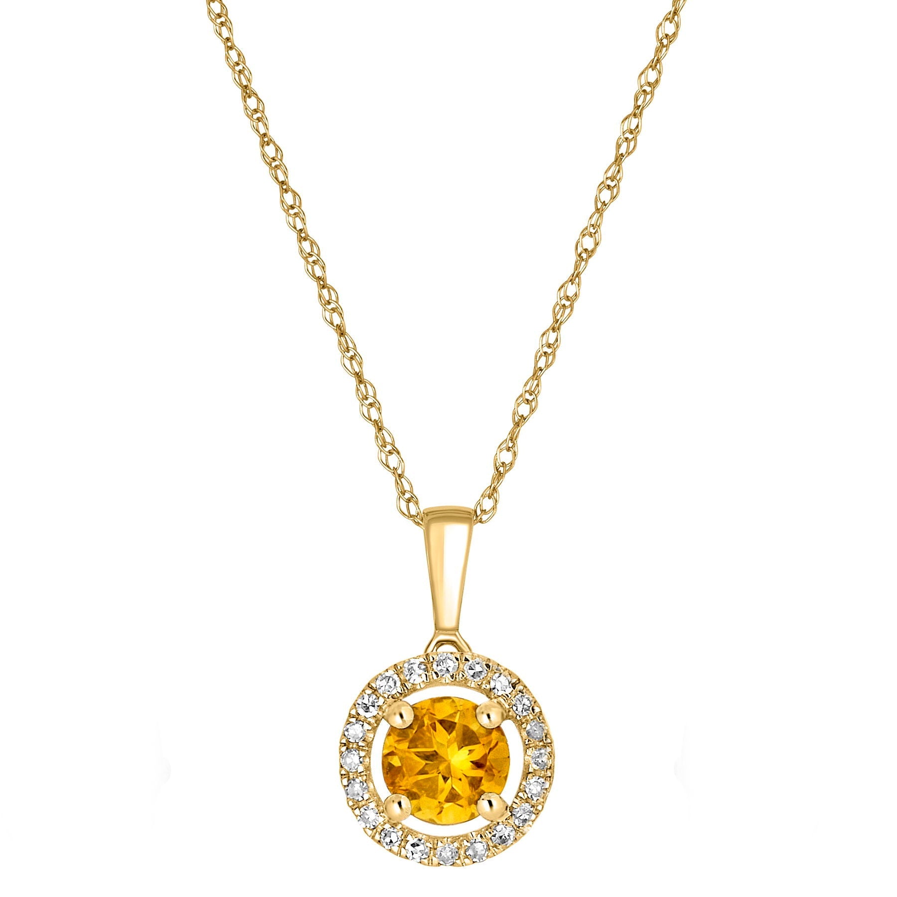 14 Karat Yellow Gold October Birthstone Round Citrine & Diamond Halo Pendant Necklace - WeilJewelry