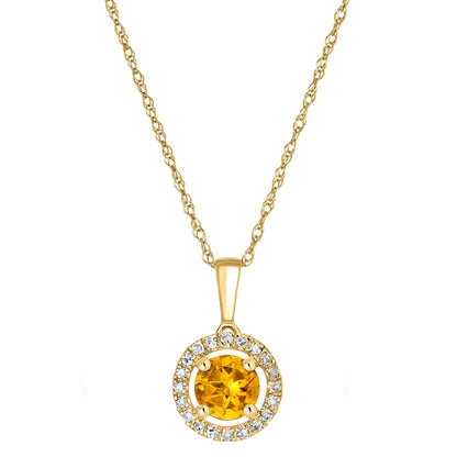 14 Karat Yellow Gold October Birthstone Round Citrine & Diamond Halo Pendant Necklace - WeilJewelry