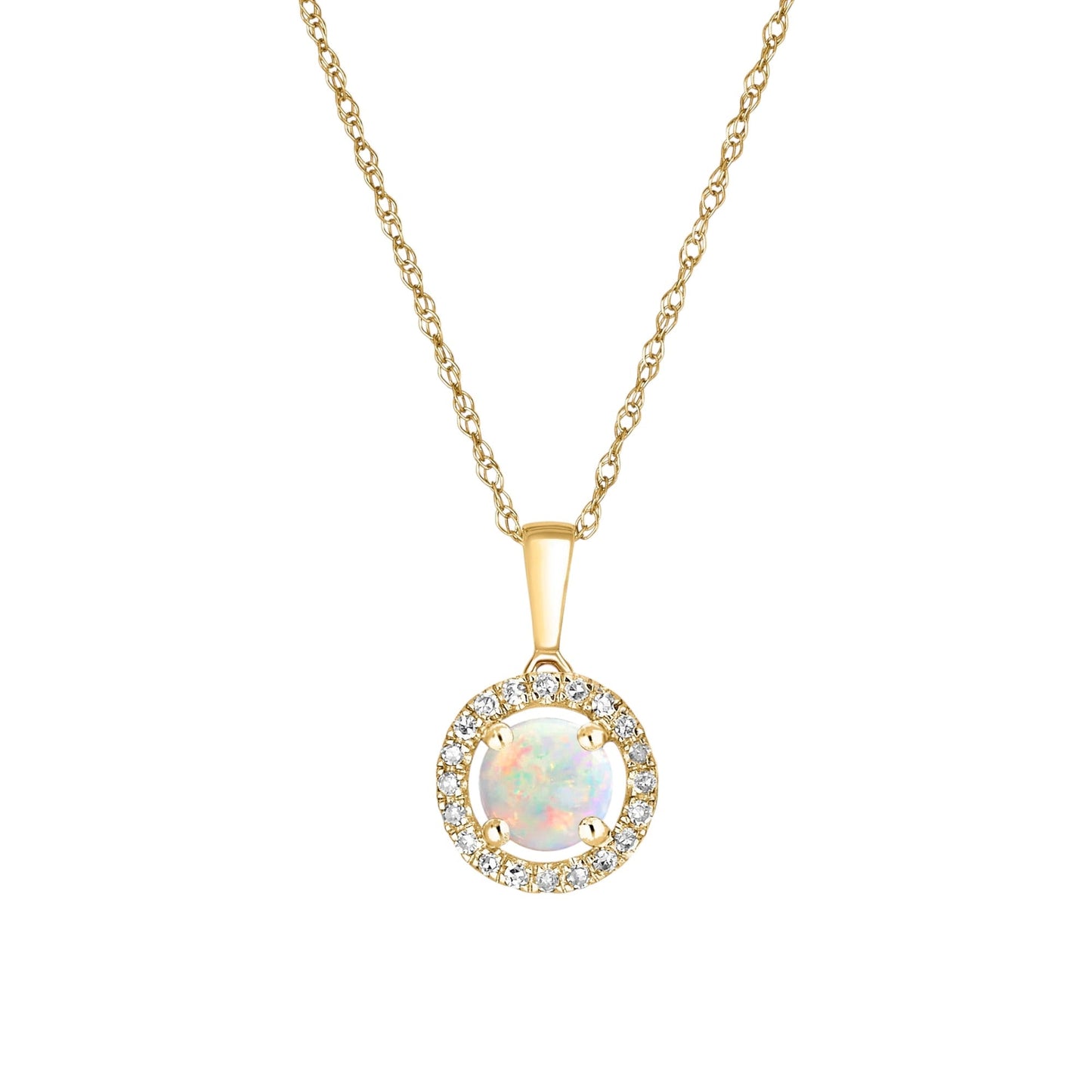 14 Karat Yellow Gold October Birthstone Round Opal & Diamond Halo Pendant Necklace - WeilJewelry