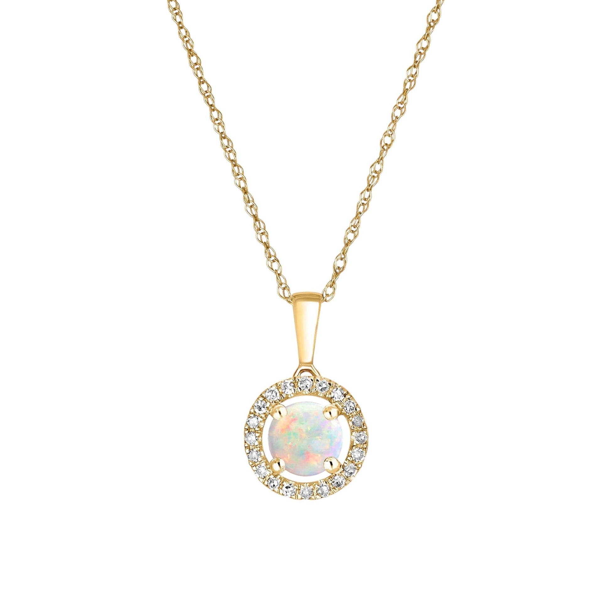 14 Karat Yellow Gold October Birthstone Round Opal & Diamond Halo Pendant Necklace - WeilJewelry