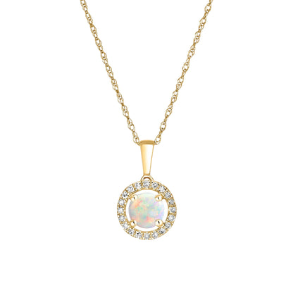 14 Karat Yellow Gold October Birthstone Round Opal & Diamond Halo Pendant Necklace - WeilJewelry