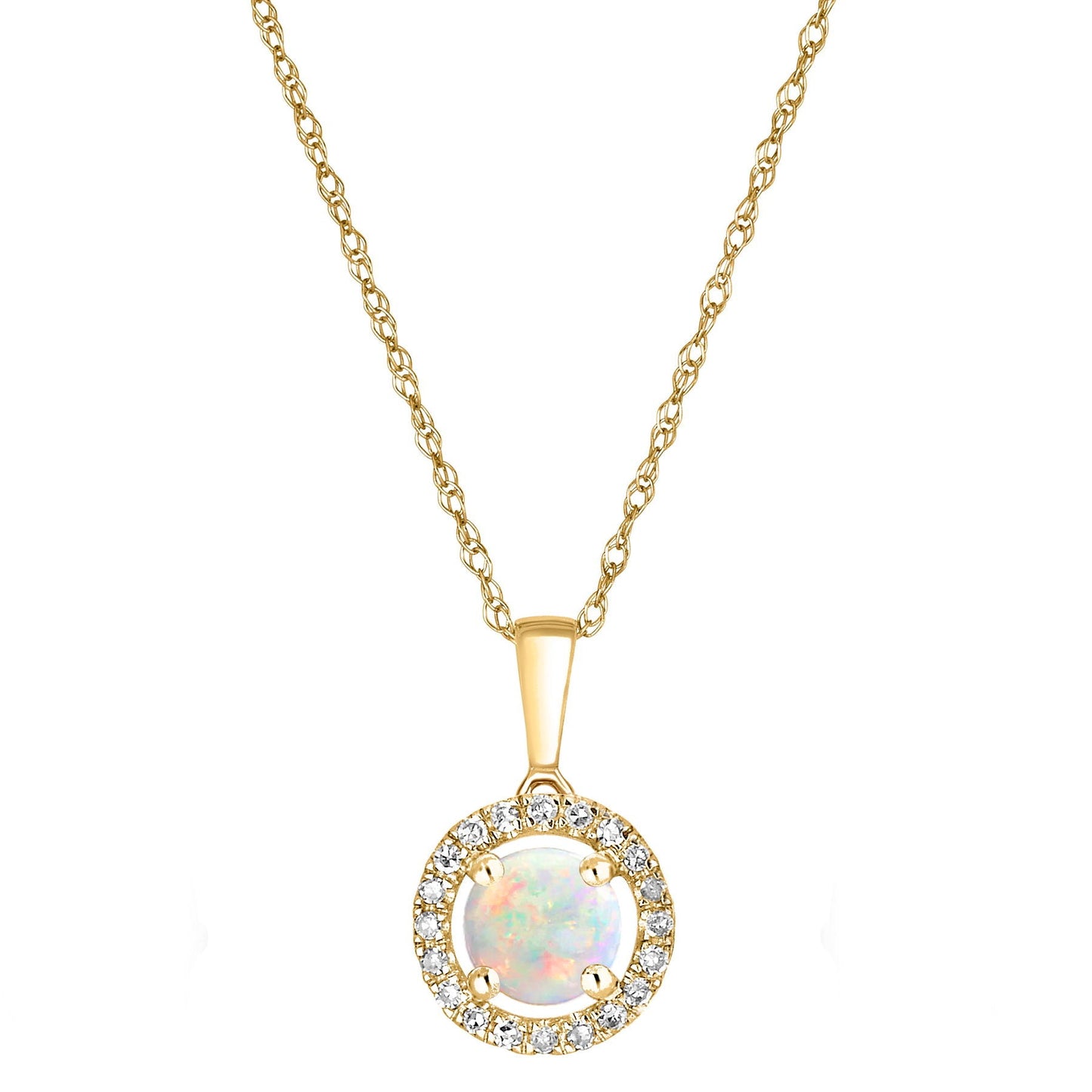 14 Karat Yellow Gold October Birthstone Round Opal & Diamond Halo Pendant Necklace - WeilJewelry