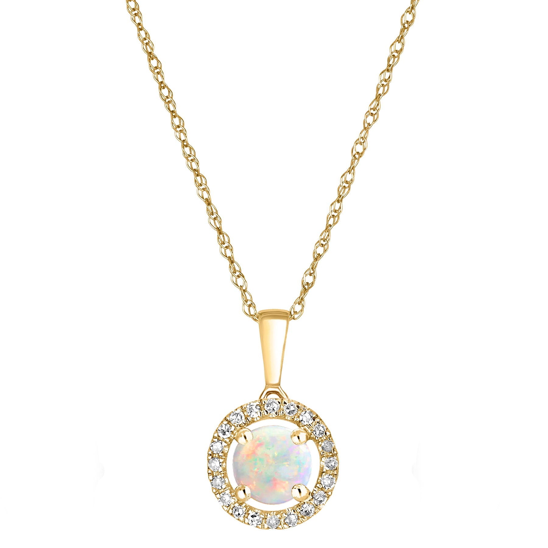 14 Karat Yellow Gold October Birthstone Round Opal & Diamond Halo Pendant Necklace - WeilJewelry