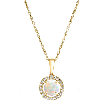 14 Karat Yellow Gold October Birthstone Round Opal & Diamond Halo Pendant Necklace - WeilJewelry