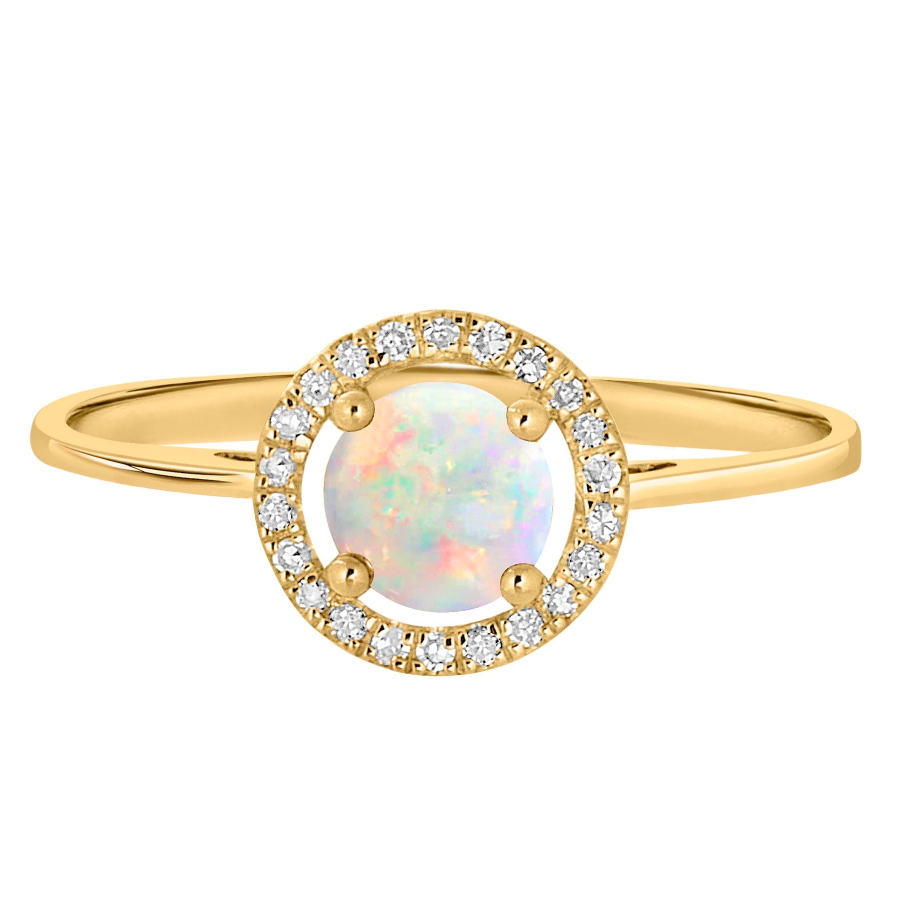 14 Karat Yellow Gold October Birthstone Round Opal & Diamond Halo Ring - WeilJewelry