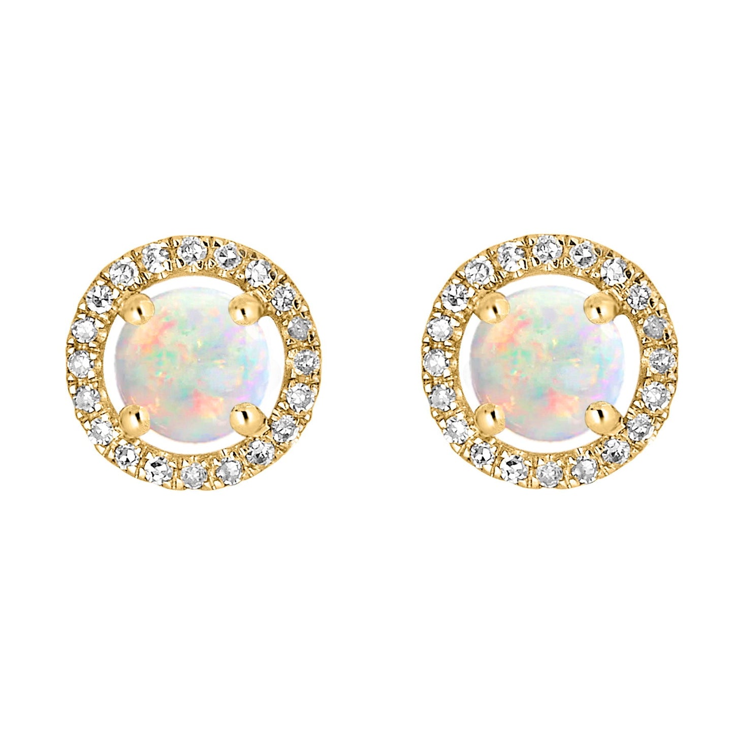 14 Karat Yellow Gold October Birthstone Round Opal & Diamond Halo Stud Earrings - WeilJewelry