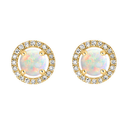 14 Karat Yellow Gold October Birthstone Round Opal & Diamond Halo Stud Earrings - WeilJewelry