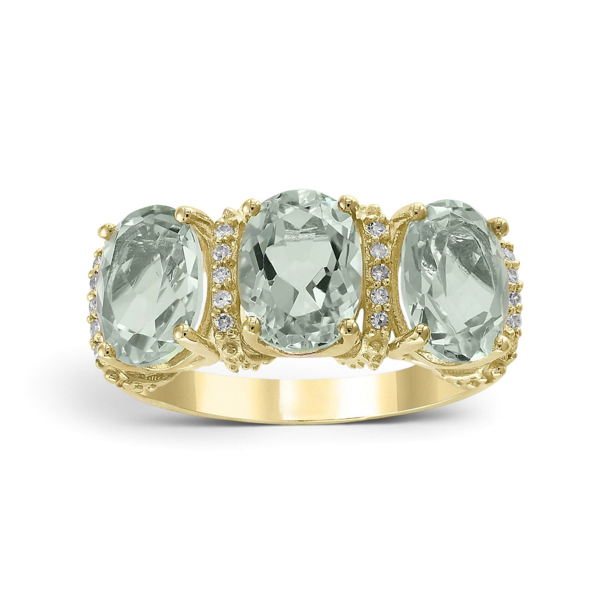 14 Karat Yellow Gold Oval Green Amethyst/Quartz & Diamond Three-Stone Ring - WeilJewelry