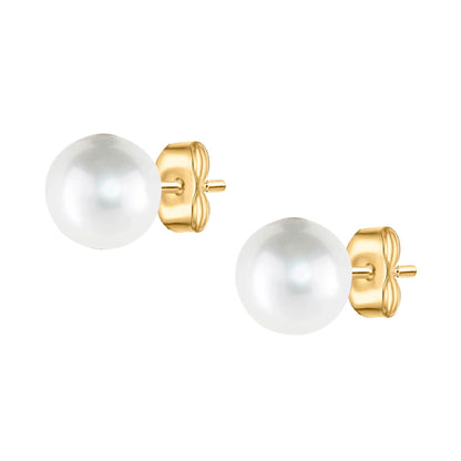 14 Karat Yellow Gold Round White Pearl Stud Earrings - WeilJewelry